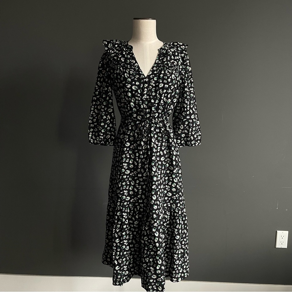 ba&sh Black Floral Midi Dress XS Ruffle Shoulder Paris Chic French Bohemian